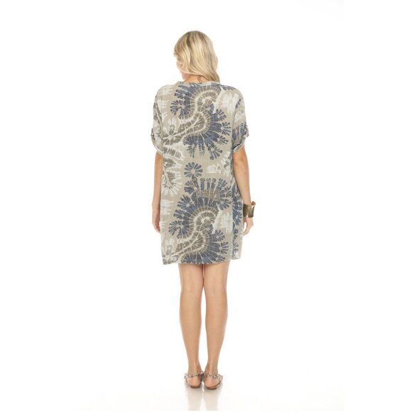 Taupe Print Button Up Sleeves Pockets Dress - Picture 5 of 6